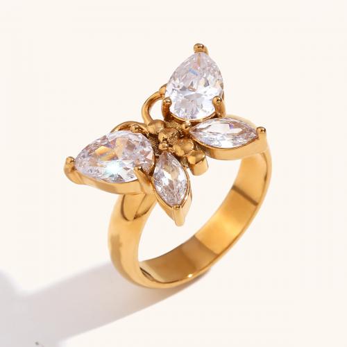 Cubic Zirconia Stainless Steel Finger Ring 316L Stainless Steel Butterfly 18K gold plated & micro pave cubic zirconia & for woman golden Sold By PC