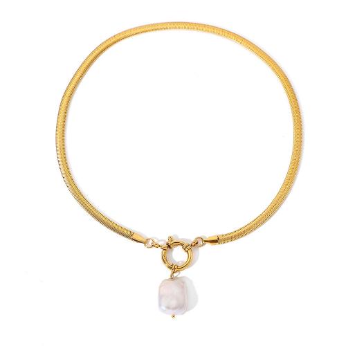 Edelstahl Schmuck Halskette, 304 Edelstahl, mit Kunststoff Perlen, 18K vergoldet, Modeschmuck & für Frau, goldfarben, 20.60mm, verkauft per ca. 43.5 cm Strang