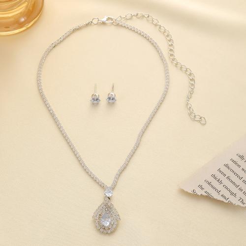 Brass Jewelry Set, earring & necklace, with 13cm extender chain, plated, 2 pieces & micro pave cubic zirconia & for woman, nickel, lead & cadmium free, earring 6*6mm,pendant 23*17mm, Length:Approx 34 cm, Sold By Set
