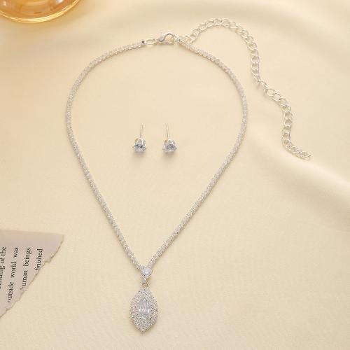 Brass Jewelry Set, earring & necklace, with 13cm extender chain, plated, 2 pieces & micro pave cubic zirconia & for woman, nickel, lead & cadmium free, earring 6*6mm, Length:Approx 34 cm, Sold By Set