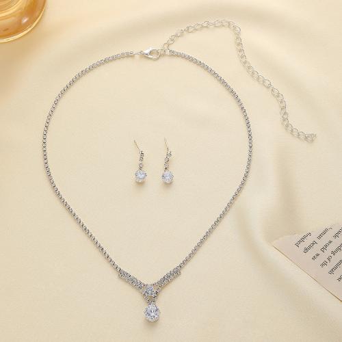 Brass Jewelry Set, earring & necklace, with 16cm extender chain, plated, 2 pieces & micro pave cubic zirconia & for woman, nickel, lead & cadmium free, earring 6*6mm, Length:Approx 39 cm, Sold By Set
