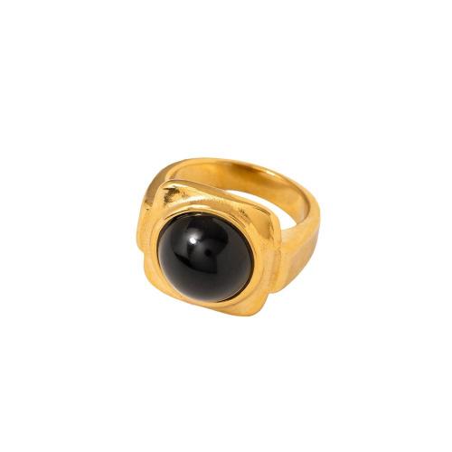 Stainless Steel Finger Ring, 304 Stainless Steel, with Black Agate, 18K gold plated, fashion jewelry & for woman, golden, US Ring Size:7, Sold By PC