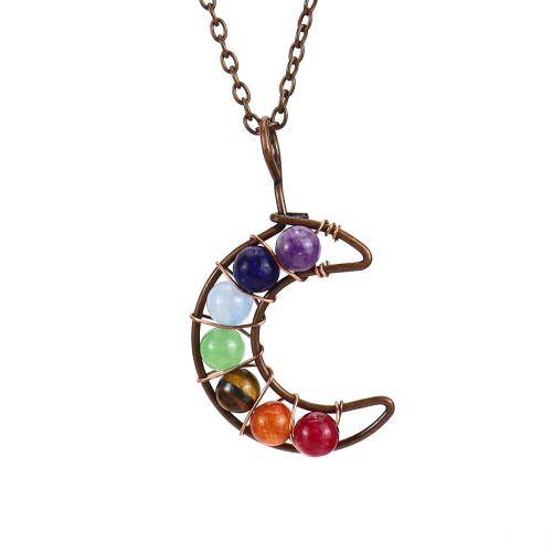 Natural Gemstone Necklace, Natural Stone, with Brass & Tibetan Style, Moon, antique copper color plated, fashion jewelry & different materials for choice & Unisex, more colors for choice, 25x50mm, Length:Approx 52 cm, Sold By PC