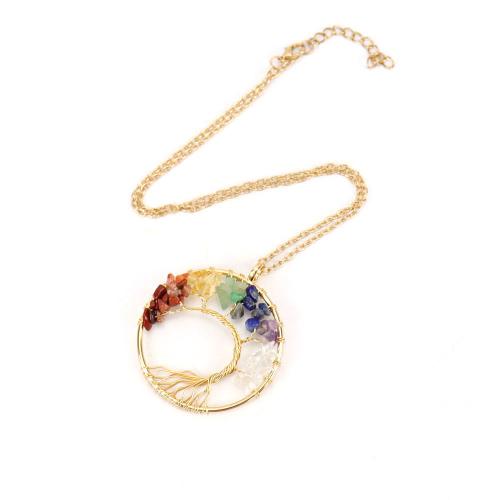 Natural Gemstone Necklace Natural Stone with Brass & Zinc Alloy Tree gold color plated fashion jewelry & Unisex 50mm Length Approx 52 cm Sold By PC