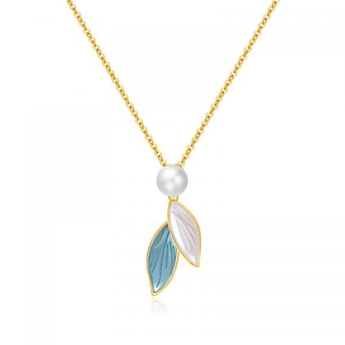Brass Necklace, with Plastic Pearl, with 6.5CM extender chain, plated, for woman & enamel, golden, Length:Approx 41.3 cm, Sold By PC