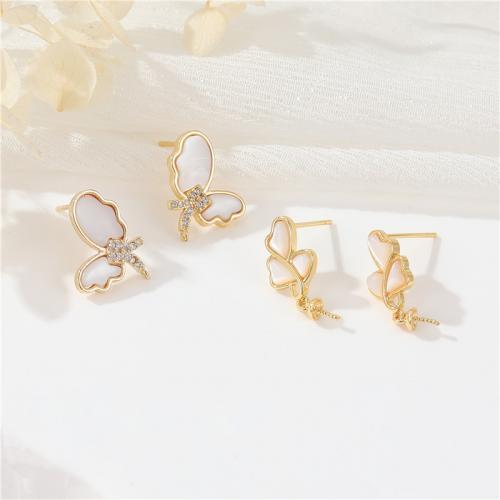 Brass Earring Stud Component with Shell plated DIY & micro pave cubic zirconia golden Sold By PC