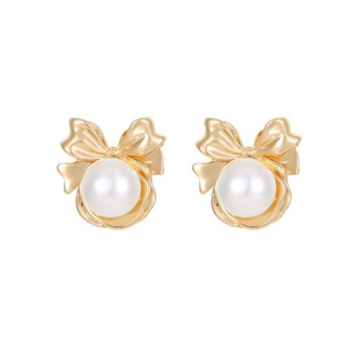 Brass Stud Earring with Resin & Plastic Pearl plated & micro pave cubic zirconia & for woman Sold By PC