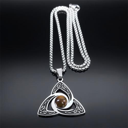 Stainless Steel Jewelry Necklace, 304 Stainless Steel, with Tiger Eye, polished, fashion jewelry & Unisex, silver color, nickel, lead & cadmium free, 30x30mm, Length:Approx 50 cm, Sold By PC