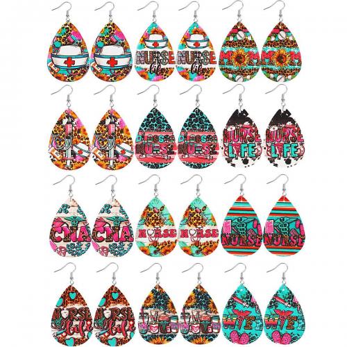 Zinc Alloy Drop Earrings Leather with Zinc Alloy Teardrop silver color plated fashion jewelry & for woman Sold By Pair