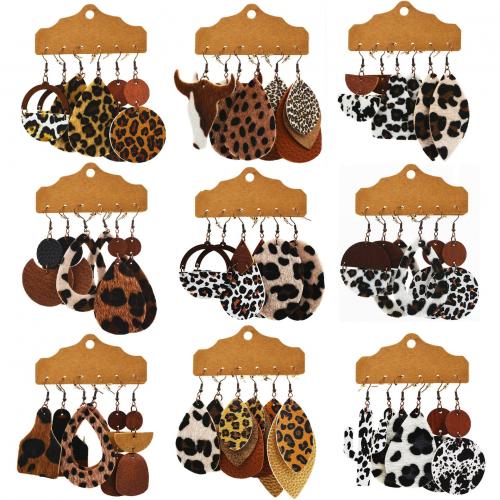 Tibetan Style Drop Earrings, Leather, with Paper & Wood & Tibetan Style, plated, vintage & fashion jewelry & different styles for choice & for woman, more colors for choice, 3Pairs/Set, Sold By Set