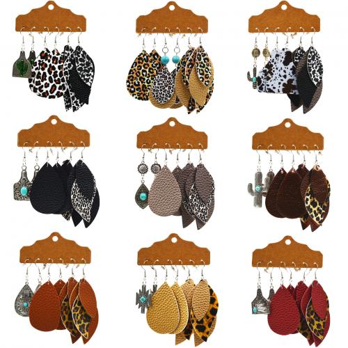 Tibetan Style Drop Earrings, Leather, with Paper & Turquoise & Tibetan Style, plated, vintage & fashion jewelry & different styles for choice & for woman, more colors for choice, 3Pairs/Set, Sold By Set