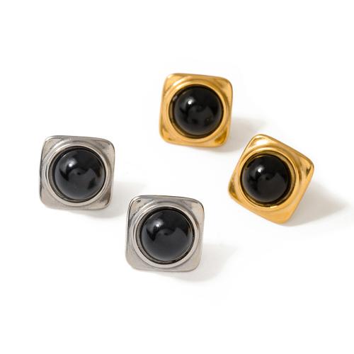 Stainless Steel Stud Earrings, 304 Stainless Steel, with Black Agate, Vacuum Ion Plating, fashion jewelry & for woman, more colors for choice, 17.50mm, Sold By Pair