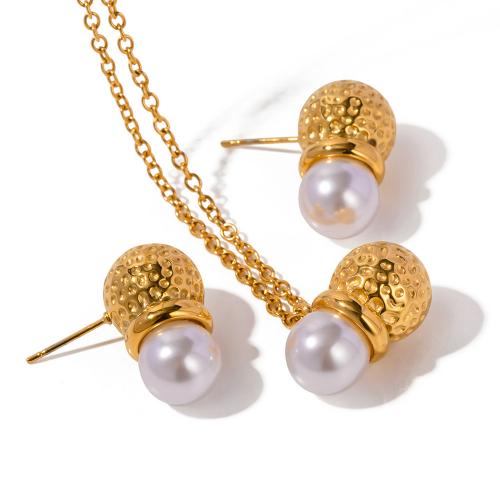 Fashion Stainless Steel Jewelry Sets, 304 Stainless Steel, with Shell Pearl, 18K gold plated, fashion jewelry & different styles for choice & for woman, golden, 12x21mm, Length:Approx 43.5 cm, Sold By PC
