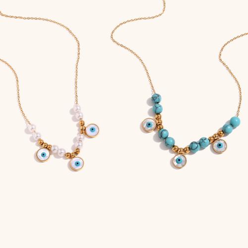 Stainless Steel Jewelry Necklace, 316L Stainless Steel, with turquoise & Plastic Pearl, with 5cm extender chain, 18K gold plated, fashion jewelry & for woman, golden, Sold Per Approx 40 cm Strand
