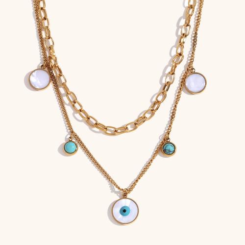 Stainless Steel Jewelry Necklace, 316L Stainless Steel, with turquoise & Shell, with 5cm extender chain, 18K gold plated, Double Layer & fashion jewelry & for woman, golden, Sold Per Approx 40 cm, Approx 45 cm Strand