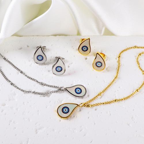 Fashion Stainless Steel Jewelry Sets Stud Earring & necklace 304 Stainless Steel with White Shell with 5cm extender chain Vacuum Ion Plating 2 pieces & fashion jewelry & for woman Length Approx 45 cm Sold By Set