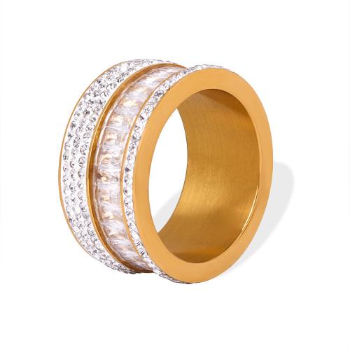 Titanium Steel Finger Ring 18K gold plated & micro pave cubic zirconia & for woman golden width 10mm Sold By PC