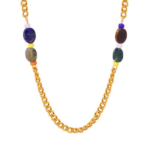Titanstahl Halskette, mit Naturstein, mit Verlängerungskettchen von 5cm, Modeschmuck & für Frau, goldfarben, Länge:ca. 37 cm, verkauft von PC