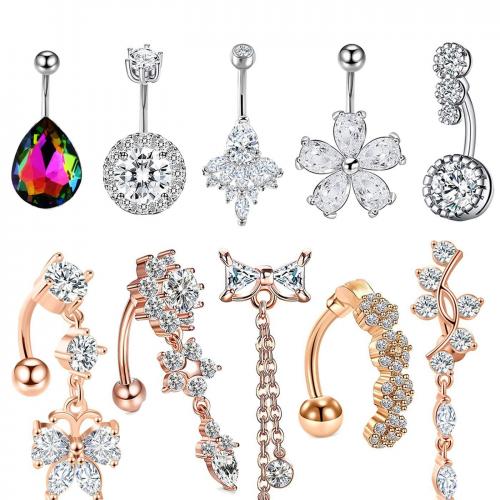 Stainless Steel Belly Ring, 304 Stainless Steel, with Cubic Zirconia, Vacuum Ion Plating, 10 pieces & Unisex, mixed colors, 1.6*10*5/8mm, Sold By Set