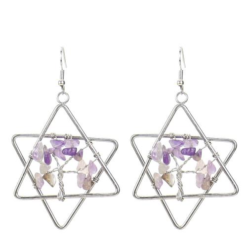 Natural Gemstone Earrings Natural Stone with Brass & Zinc Alloy Hexagram silver color plated fashion jewelry & for woman 50mm Sold By Pair