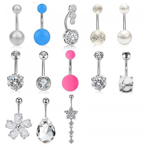 Stainless Steel Belly Ring 304 Stainless Steel with Cubic Zirconia Vacuum Ion Plating 13 pieces & Unisex mixed colors 1.6*10*5/8mm Sold By Set