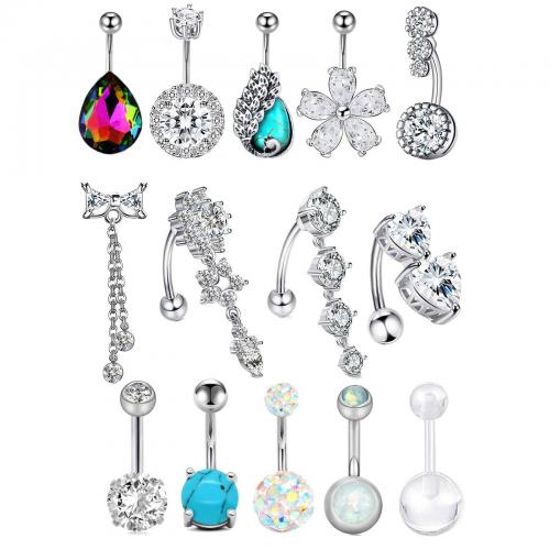 Stainless Steel Belly Ring, 304 Stainless Steel, with turquoise & Cubic Zirconia, Unisex, original color, 1.6*10*5/8mm, 14PCs/Set, Sold By Set