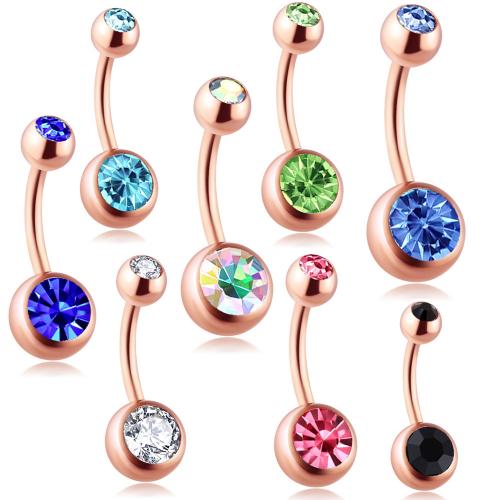 Stainless Steel Belly Ring, 304 Stainless Steel, with Czech Rhinestone, Vacuum Ion Plating, Unisex, more colors for choice, 1.6*10*5/8mm, Sold By PC