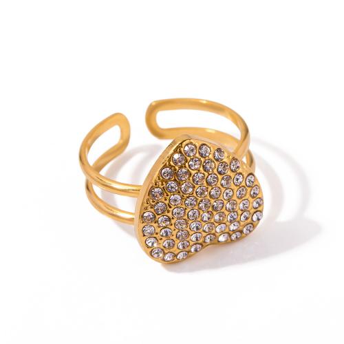 Rhinestone-Edelstahl -Finger-Ring, 304 Edelstahl, Herz, plattiert, Modeschmuck & mit Strass, goldfarben, Ring inner diameter:1.79cm, verkauft von PC