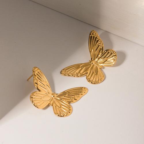 Stainless Steel Stud Earrings 304 Stainless Steel Butterfly plated fashion jewelry golden Sold By Pair