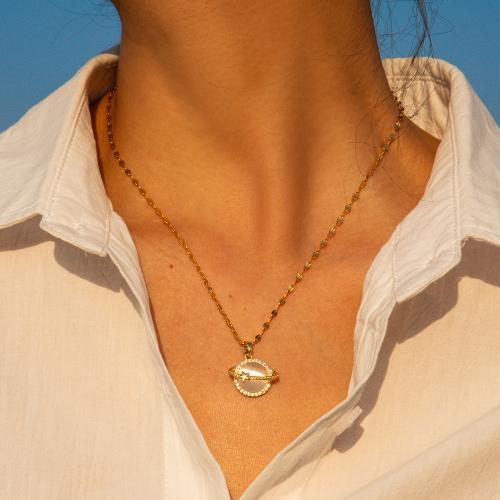 Stainless Steel Jewelry Necklace 304 Stainless Steel with Cats Eye & Brass with 5.5cm extender chain Spaceship plated fashion jewelry golden Length 40.5 cm Sold By PC