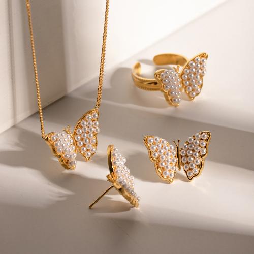 Fashion Stainless Steel Jewelry Sets 304 Stainless Steel with Plastic Pearl Butterfly plated fashion jewelry golden Sold By PC