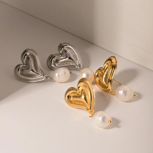 Stainless Steel Drop Earring 304 Stainless Steel with Plastic Pearl Heart plated fashion jewelry Sold By Pair