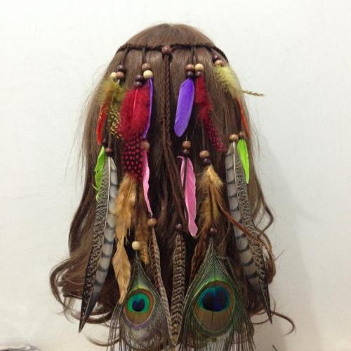 Diadema, cordón de nylon, con pluma & madera, Estilo bohemio & para mujer, Púrpura, Vendido para aproximado 19.1 Inch Sarta