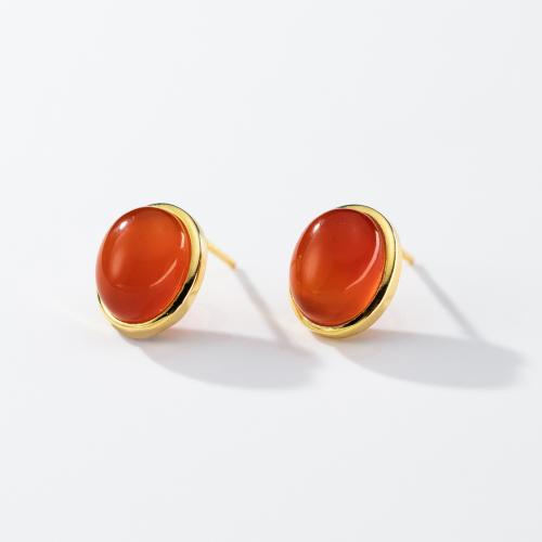 925 Sterling Silver Stud Earrings with Red Agate plated for woman golden 12mm Sold By Pair