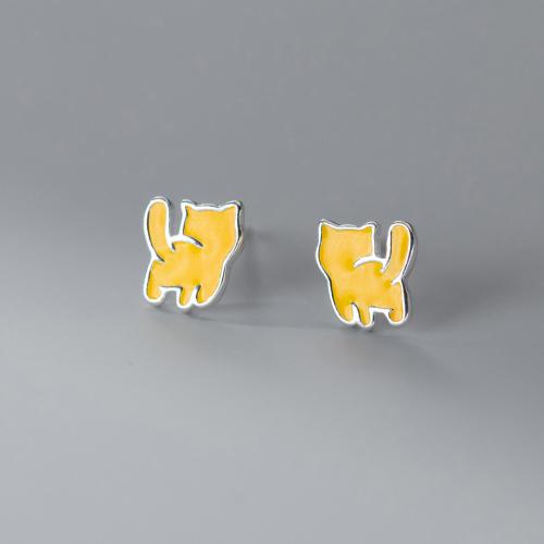 925 Sterling Silver Stud Earrings, Cat, plated, for woman & epoxy gel, silver color, 7mm, Sold By Pair
