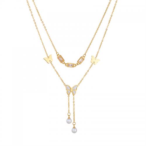 Nehrđajućeg čelika, nakit ogrlice, 304 nehrđajućeg čelika, s Vještački dijamant & Plastična Pearl, Dvostruki sloj & modni nakit & za žene, zlatan, nikal, olovo i kadmij besplatno, Prodano By PC