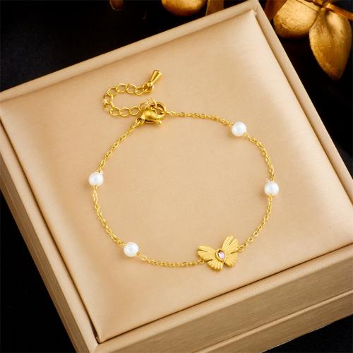 Stainless Steel Jewelry Bracelet, 304 Stainless Steel, with Rhinestone & Plastic Pearl, fashion jewelry & for woman, golden, nickel, lead & cadmium free, Length:Approx 21 cm, Sold By PC