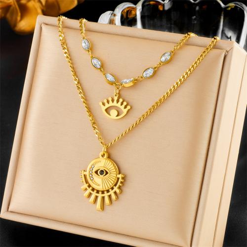 Evil Eye Jewelry Necklace, 304 Stainless Steel, with Rhinestone, Double Layer & fashion jewelry & for woman & with rhinestone, golden, nickel, lead & cadmium free, Length:Approx 48.5 cm, Sold By PC