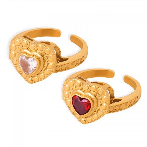 Titanium Steel Cuff Finger Ring Heart plated for woman & with cubic zirconia US Ring Sold By PC