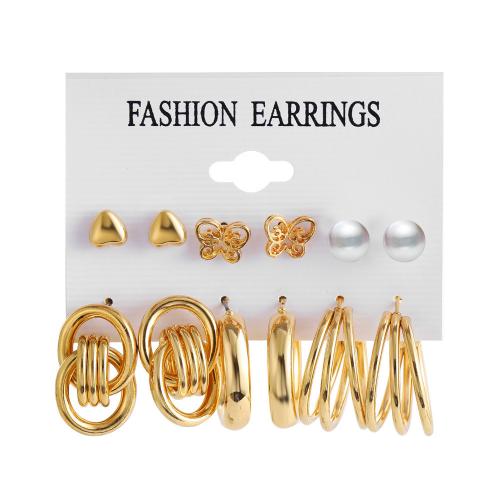aleación de zinc Aretes, con Perlas plásticas, chapado en color dorado, Joyería & para mujer & hueco, Vendido por Set