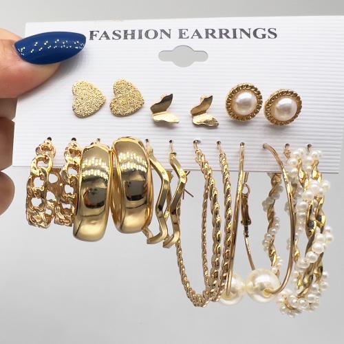 aleación de zinc Aretes, con Perlas plásticas, chapado en color dorado, Joyería & para mujer, Vendido por Set