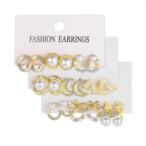 Tibetan Style Earring Set, with Plastic Pearl, gold color plated, different styles for choice & for woman & enamel & with rhinestone, earring length 10-20mm, Sold By Set