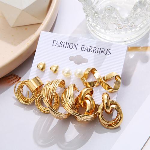Zinc Alloy Earring Set with Plastic Pearl gold color plated fashion jewelry & for woman & hollow Sold By Set