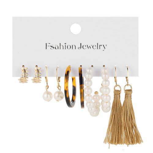 alliage de zinc Boucles d'oreilles, avec Fil de coton & perle de plastique & Acrylique, Placage de couleur d'or, bijoux de mode & pour femme, Vendu par fixé