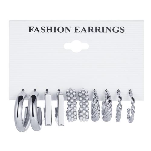 Κράμα ψευδάργυρου Σύνολο σκουλαρίκι, με Πλαστικά Μαργαριτάρι, χρώμα επιπλατινωμένα, κοσμήματα μόδας & για τη γυναίκα, earring length 20-25mm, Sold Με Ορισμός