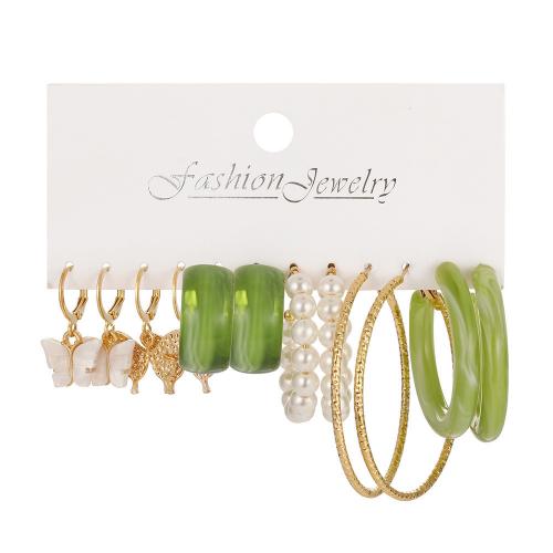 Κράμα ψευδάργυρου Σύνολο σκουλαρίκι, με Πλαστικά Μαργαριτάρι & Ακρυλικό, χρώμα επίχρυσο, κοσμήματα μόδας & για τη γυναίκα, earring length 20-50mm, Sold Με Ορισμός