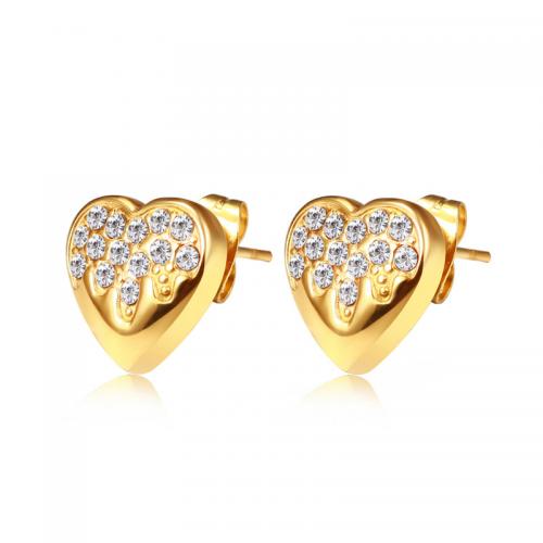 Titanium Steel  Earring, Heart, Vacuum Ion Plating, fashion jewelry & for woman & with rhinestone, golden, nickel, lead & cadmium free, 18mm, Sold By Pair
