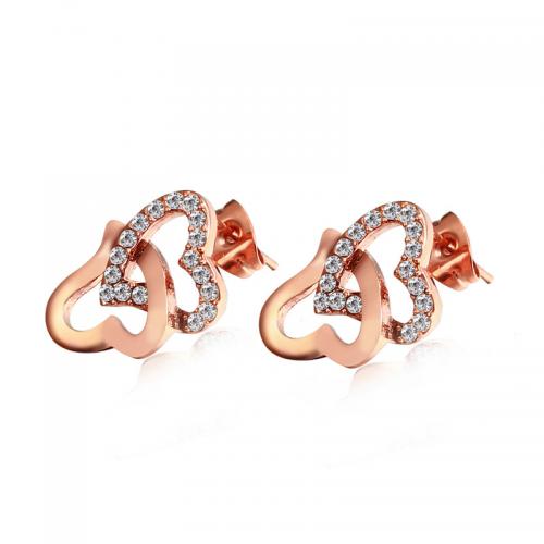 Stainless Steel Stud Earrings 316L Stainless Steel Heart Vacuum Ion Plating fashion jewelry & for woman & with rhinestone & hollow rose gold color nickel lead & cadmium free 16mm Sold By Pair