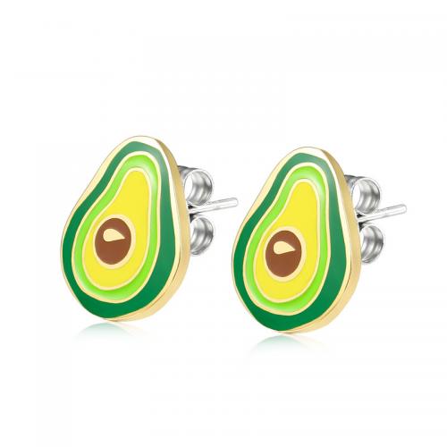 Titanium Steel  Earring, Avocado, Vacuum Ion Plating, fashion jewelry & for woman & enamel, mixed colors, nickel, lead & cadmium free, 10x14mm, Sold By Pair