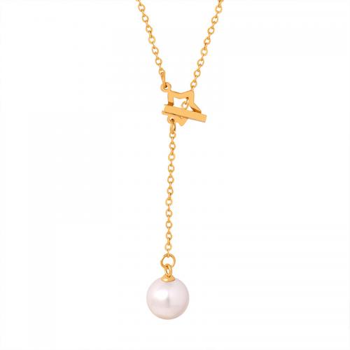 Titanium Steel Necklace, with Shell Pearl, 18K gold plated, fashion jewelry & for woman, golden, Length:Approx 48 cm, Sold By PC